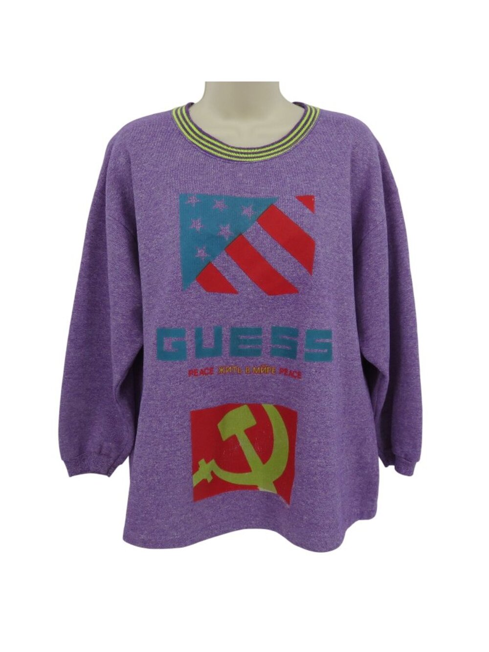 GUESS Adult One Size OSFM Purple Green Blue Graphic Crewneck Sweatshirt 1989 VTG